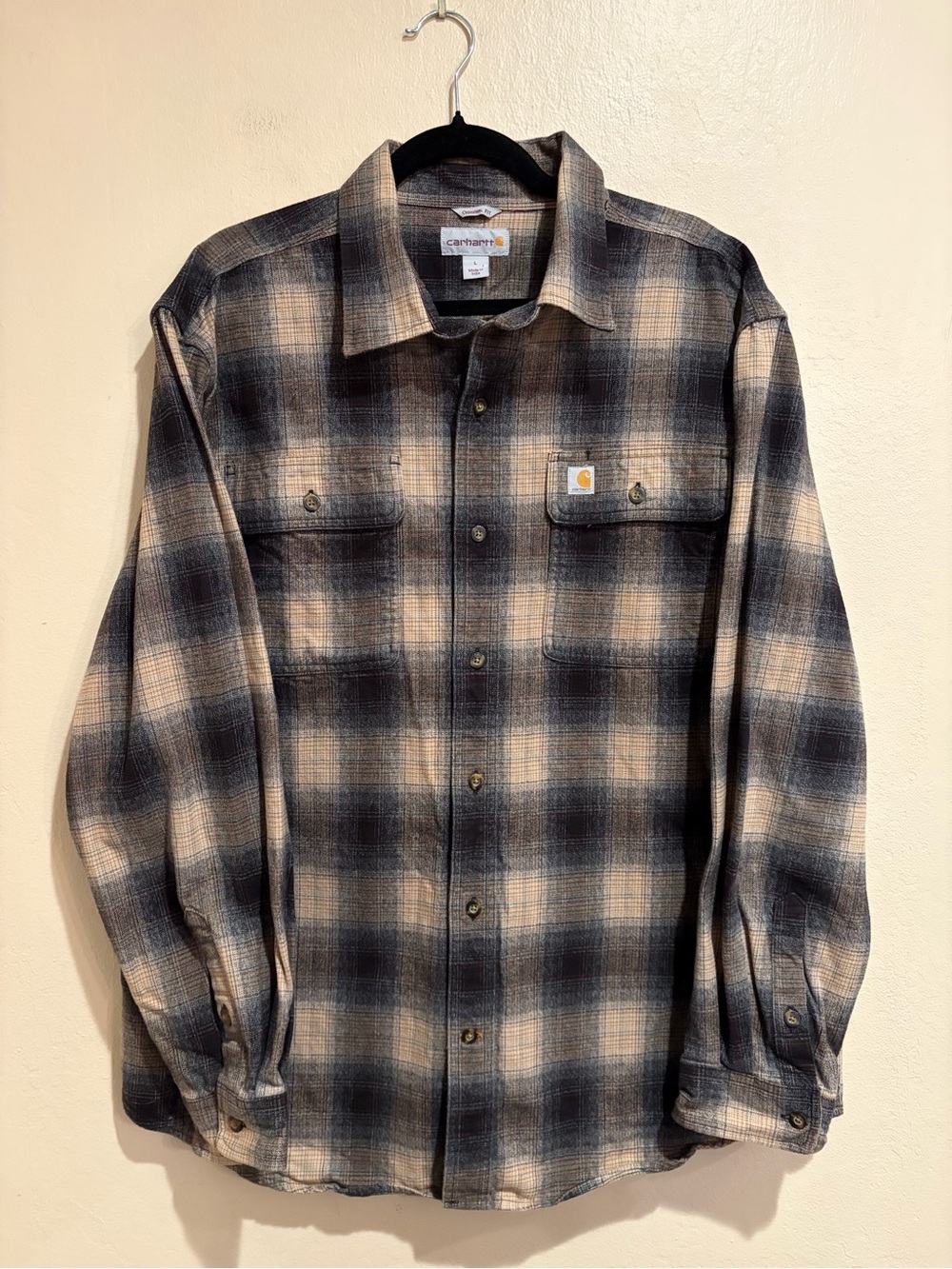 Carhartt Men's Black & Tan Heavy Plaid Button Up Work Shirt, Size L